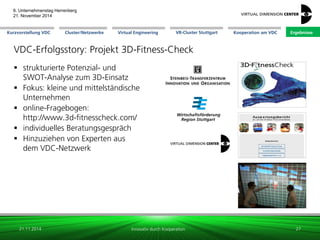 Cluster/Netzwerke 
VR-Cluster Stuttgart 
Kooperation am VDC 
Kurzvorstellung VDC 
Virtual Engineering 
Ergebnisse 
6. Unternehmenstag Herrenberg 21. November 2014 
Innovativ durch Kooperation 
VDC-Erfolgsstory: Projekt 3D-Fitness-Check 
strukturierte Potenzial- und SWOT-Analyse zum 3D-Einsatz 
Fokus: kleine und mittelständische Unternehmen 
online-Fragebogen: http://www.3d-fitnesscheck.com/ 
individuelles Beratungsgespräch 
Hinzuziehen von Experten aus dem VDC-Netzwerk 
21.11.2014 
27 
 