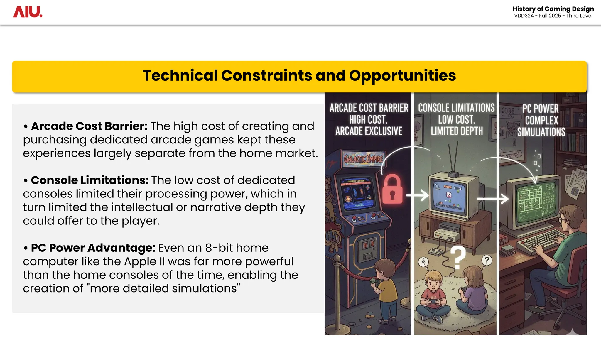 Technical Constraints and Opportunities
History of Gaming Design
VDD324 - Fall 2025 - Third Level
• Arcade Cost Barrier: The high cost of creating and
purchasing dedicated arcade games kept these
experiences largely separate from the home market.
• Console Limitations: The low cost of dedicated
consoles limited their processing power, which in
turn limited the intellectual or narrative depth they
could offer to the player.
• PC Power Advantage: Even an 8-bit home
computer like the Apple II was far more powerful
than the home consoles of the time, enabling the
creation of "more detailed simulations"
 