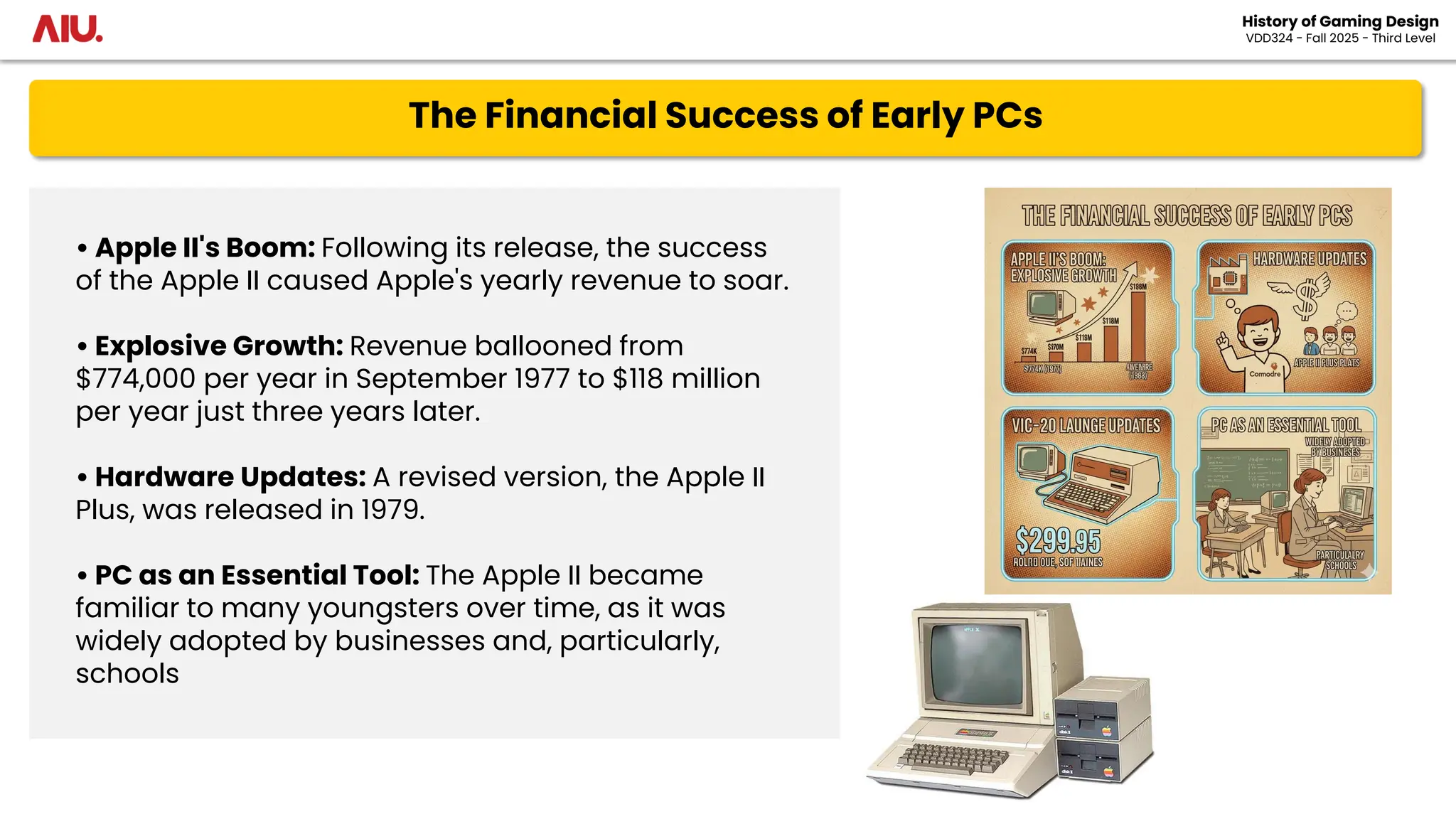 The Financial Success of Early PCs
History of Gaming Design
VDD324 - Fall 2025 - Third Level
• Apple II's Boom: Following its release, the success
of the Apple II caused Apple's yearly revenue to soar.
• Explosive Growth: Revenue ballooned from
$774,000 per year in September 1977 to $118 million
per year just three years later.
• Hardware Updates: A revised version, the Apple II
Plus, was released in 1979.
• PC as an Essential Tool: The Apple II became
familiar to many youngsters over time, as it was
widely adopted by businesses and, particularly,
schools
 