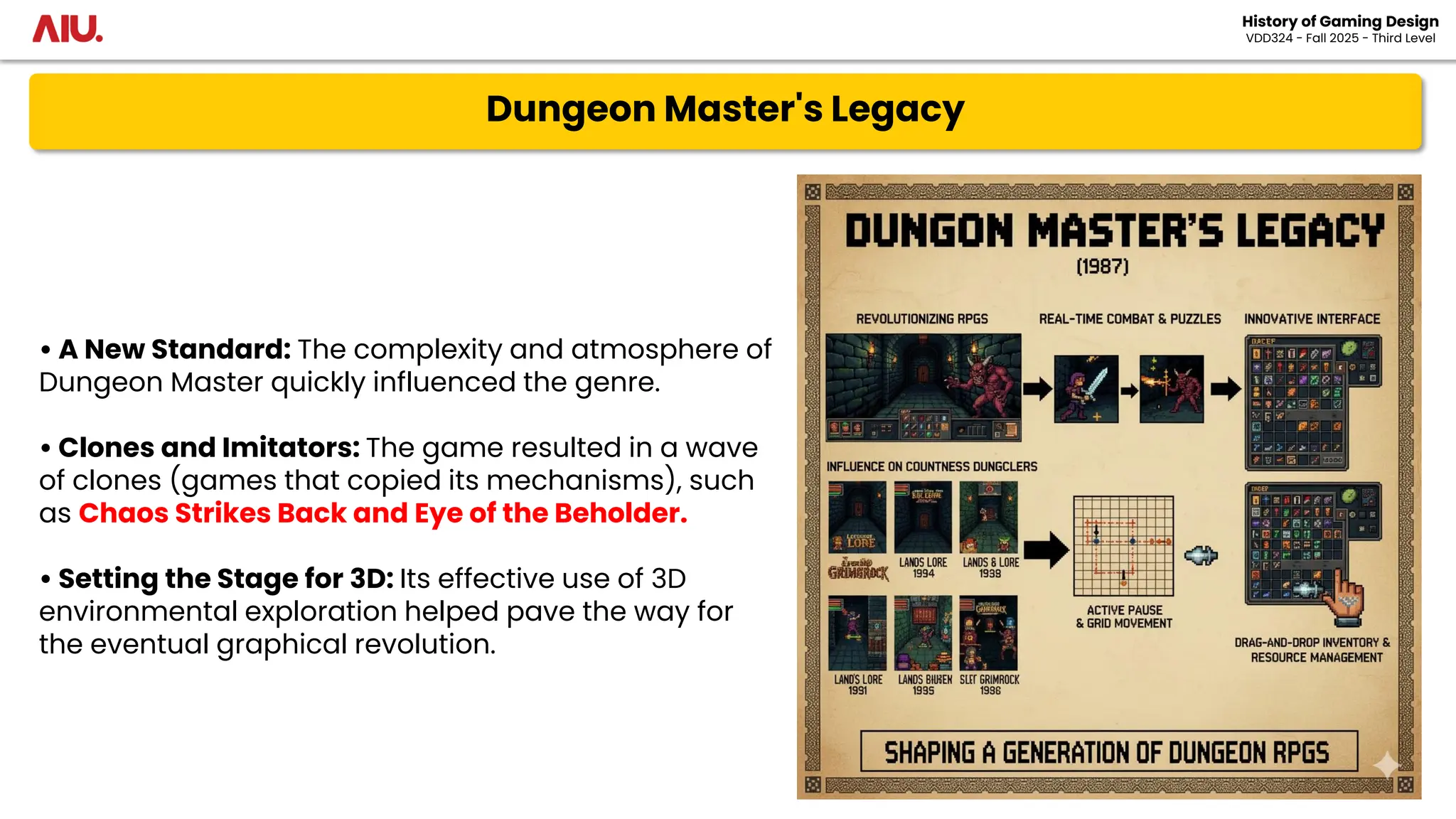 Dungeon Master's Legacy
History of Gaming Design
VDD324 - Fall 2025 - Third Level
• A New Standard: The complexity and atmosphere of
Dungeon Master quickly influenced the genre.
• Clones and Imitators: The game resulted in a wave
of clones (games that copied its mechanisms), such
as Chaos Strikes Back and Eye of the Beholder.
• Setting the Stage for 3D: Its effective use of 3D
environmental exploration helped pave the way for
the eventual graphical revolution.
 