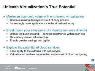 Unleash Virtualization’s True Potential Maximize economic value with end-to-end virtualization Continue moving deployments out of early phases Increasingly more applications can be virtualized today Break down your silos (silos of virtualization are still silos) Unlock the business and IT benefits constrained within each silo Gain a truly shared infrastructure Enable greater savings and agility Explore the potential of cloud services Take agility to the extreme with self-service Virtualization enables the adoption and control of cloud computing 