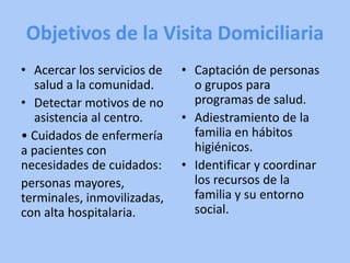 Objetivos de la Visita Domiciliaria
• Acercar los servicios de
salud a la comunidad.
• Detectar motivos de no
asistencia al centro.
• Cuidados de enfermería
a pacientes con
necesidades de cuidados:
personas mayores,
terminales, inmovilizadas,
con alta hospitalaria.
• Captación de personas
o grupos para
programas de salud.
• Adiestramiento de la
familia en hábitos
higiénicos.
• Identificar y coordinar
los recursos de la
familia y su entorno
social.
 