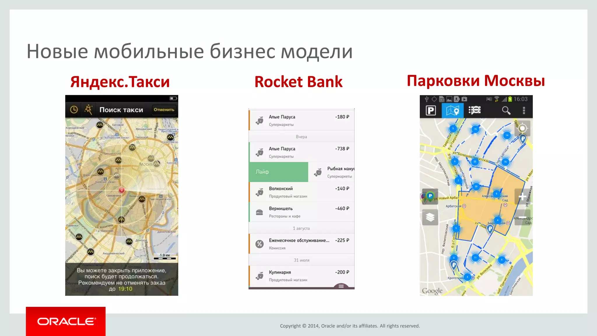 Copyright © 2014, Oracle and/or its affiliates. All rights reserved. 
Новые мобильные бизнес модели 
Яндекс.Такси 
Rocket Bank 
Парковки Москвы  