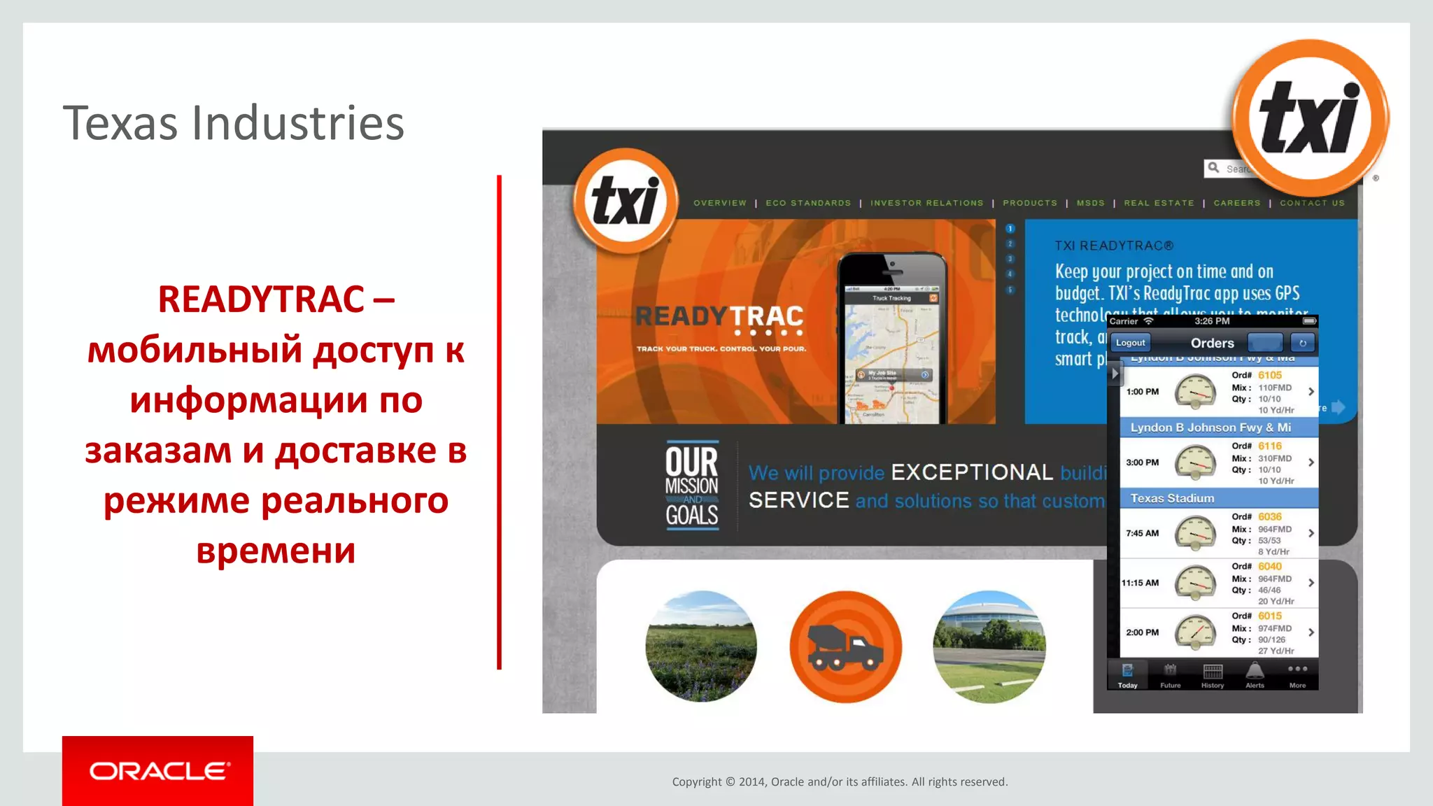 Copyright © 2014, Oracle and/or its affiliates. All rights reserved. 
READYTRAC – мобильный доступ к информации по заказам и доставке в режиме реального времени 
Texas Industries  