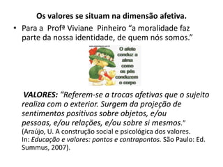 Os valores se situam na dimensão afetiva.
• Para a Profª Viviane Pinheiro “a moralidade faz
  parte da nossa identidade, de quem nós somos.”




   VALORES: “Referem-se a trocas afetivas que o sujeito
  realiza com o exterior. Surgem da projeção de
  sentimentos positivos sobre objetos, e/ou
  pessoas, e/ou relações, e/ou sobre si mesmos.”
  (Araújo, U. A construção social e psicológica dos valores.
  In: Educação e valores: pontos e contrapontos. São Paulo: Ed.
  Summus, 2007).
 
