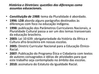 Histórico e Diretrizes: questões das diferenças como
  assuntos educacionais.

• Constituição de 1988: tema da Pluralidade é abordado.
• 1996: LDB aborda alguns parágrafos destinados às
  diferenças com foco na educação indígena.
• 1998: publicação dos Parâmetros Curriculares Nacionais, a
  Pluralidade Cultural passa a ser um dos temas transversais
  da educação brasileira.
• 2003: Lei 10 639: obrigatoriedade da história da África e
  Cultura afro-brasileira em nossas escolas.
• 2005: Diretriz Curricular Nacional para a Educação Étnico-
  Racial.
• 2007: Publicação do Programa Ética e Cidadania com textos
  de autores consagrados e idéias de atividades para que
  este trabalho seja contemplado no âmbito das escolas.
• 2010: assinatura do Estatuto da Igualdade Racial.
 