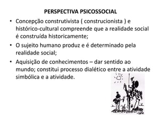 PERSPECTIVA PSICOSSOCIAL
• Concepção construtivista ( construcionista ) e
  histórico-cultural compreende que a realidade social
  é construída historicamente;
• O sujeito humano produz e é determinado pela
  realidade social;
• Aquisição de conhecimentos – dar sentido ao
  mundo; constitui processo dialético entre a atividade
  simbólica e a atividade.
 