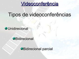 Videoconferência Unidirecional Bidirecional Bidirecional parcial Tipos de videoconferências