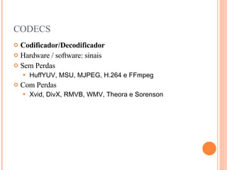 CODECS Codificador/Decodificador   Hardware / software: sinais Sem Perdas HuffYUV, MSU, MJPEG, H.264 e FFmpeg   Com Perdas Xvid, DivX, RMVB, WMV, Theora e Sorenson   
