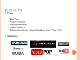 PRODUTOS Cisco Live Video Video Conferência Conferência via Web Audio Conferência Criação, administração e disponibilização do vídeo (Video Portal) Streaming 