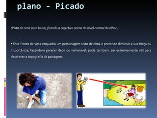 plano - Picado (Vista de cima para baixo, ficando a objectiva acima do nível normal do olhar.) Este Ponto de vista enquadra um personagem visto de cima e pretende diminuir a sua força ou importância, fazendo-o parecer débil ou vulnerável, pode também, ser extremamente útil para descrever a topografia da paisagem. 