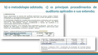 b) a metodologia adotada; c) os principais procedimentos de
auditoria aplicados e sua extensão;
 