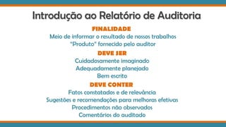 Introdução ao Relatório de Auditoria
FINALIDADE
Meio de informar o resultado de nossos trabalhos
“Produto” fornecido pelo auditor
DEVE SER
Cuidadosamente imaginado
Adequadamente planejado
Bem escrito
DEVE CONTER
Fatos constatados e de relevância
Sugestões e recomendações para melhoras efetivas
Procedimentos não observados
Comentários do auditado
 