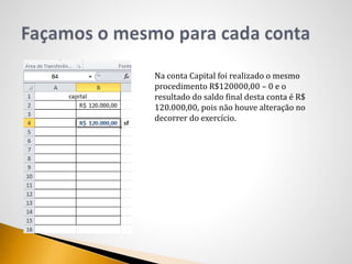 Na conta Capital foi realizado o mesmo
procedimento R$120000,00 – 0 e o
resultado do saldo final desta conta é R$
120.000,00, pois não houve alteração no
decorrer do exercício.
 