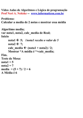 Vídeo Aulas de Algoritmos e Lógica de programação
Prof Neri A. Neitzke -- www.informaticon.com.br
Problema:
Calcular a media de 2 notas e mostrar essa média
Algoritmo media;
var nota1, nota2, calc_media de Real;
Inicio
nota1  5; //nota1 recebe o valor de 5
nota2  7;
calc_media  (nota1 + nota2) / 2;
Mostrar “A média é “+calc_media;
Fim.
Teste de Mesa:
nota1 = 5
nota2 = 7
media = (5 + 7) / 2 = 6
A Média é 6
 