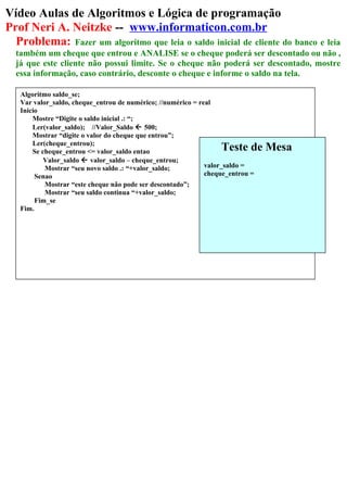Vídeo Aulas de Algoritmos e Lógica de programação
Prof Neri A. Neitzke -- www.informaticon.com.br
Problema: Fazer um algoritmo que leia o saldo inicial de cliente do banco e leia
também um cheque que entrou e ANALISE se o cheque poderá ser descontado ou não ,
já que este cliente não possui limite. Se o cheque não poderá ser descontado, mostre
essa informação, caso contrário, desconte o cheque e informe o saldo na tela.
Algoritmo saldo_se;
Var valor_saldo, cheque_entrou de numérico; //numérico = real
Inicio
Mostre “Digite o saldo inicial .: “;
Ler(valor_saldo); //Valor_Saldo  500;
Mostrar “digite o valor do cheque que entrou”;
Ler(cheque_entrou);
Se cheque_entrou <= valor_saldo entao
Valor_saldo  valor_saldo – cheque_entrou;
Mostrar “seu novo saldo .: “+valor_saldo;
Senao
Mostrar “este cheque não pode ser descontado”;
Mostrar “seu saldo continua “+valor_saldo;
Fim_se
Fim.
Teste de Mesa
valor_saldo =
cheque_entrou =
 