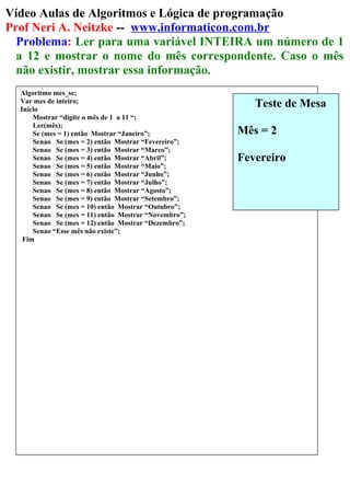 Vídeo Aulas de Algoritmos e Lógica de programação
Prof Neri A. Neitzke -- www.informaticon.com.br
Problema: Ler para uma variável INTEIRA um número de 1
a 12 e mostrar o nome do mês correspondente. Caso o mês
não existir, mostrar essa informação.
Algoritmo mes_se;
Var mes de inteiro;
Inicio
Mostrar “digite o mês de 1 a 11 “;
Ler(mês);
Se (mes = 1) então Mostrar “Janeiro”;
Senao Se (mes = 2) então Mostrar “Fevereiro”;
Senao Se (mes = 3) então Mostrar “Marco”;
Senao Se (mes = 4) então Mostrar “Abril”;
Senao Se (mes = 5) então Mostrar “Maio”;
Senao Se (mes = 6) então Mostrar “Junho”;
Senao Se (mes = 7) então Mostrar “Julho”;
Senao Se (mes = 8) então Mostrar “Agosto”;
Senao Se (mes = 9) então Mostrar “Setembro”;
Senao Se (mes = 10) então Mostrar “Outubro”;
Senao Se (mes = 11) então Mostrar “Novembro”;
Senao Se (mes = 12) então Mostrar “Dezembro”;
Senao “Esse mês não existe”;
Fim
Teste de Mesa
Mês = 2
Fevereiro
 