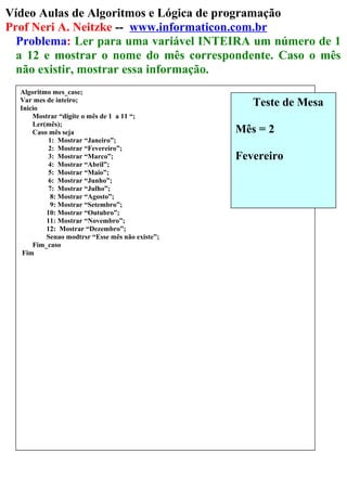 Vídeo Aulas de Algoritmos e Lógica de programação
Prof Neri A. Neitzke -- www.informaticon.com.br
Problema: Ler para uma variável INTEIRA um número de 1
a 12 e mostrar o nome do mês correspondente. Caso o mês
não existir, mostrar essa informação.
Algoritmo mes_case;
Var mes de inteiro;
Inicio
Mostrar “digite o mês de 1 a 11 “;
Ler(mês);
Caso mês seja
1: Mostrar “Janeiro”;
2: Mostrar “Fevereiro”;
3: Mostrar “Marco”;
4: Mostrar “Abril”;
5: Mostrar “Maio”;
6: Mostrar “Junho”;
7: Mostrar “Julho”;
8: Mostrar “Agosto”;
9: Mostrar “Setembro”;
10: Mostrar “Outubro”;
11: Mostrar “Novembro”;
12: Mostrar “Dezembro”;
Senao modtrsr “Esse mês não existe”;
Fim_caso
Fim
Teste de Mesa
Mês = 2
Fevereiro
 