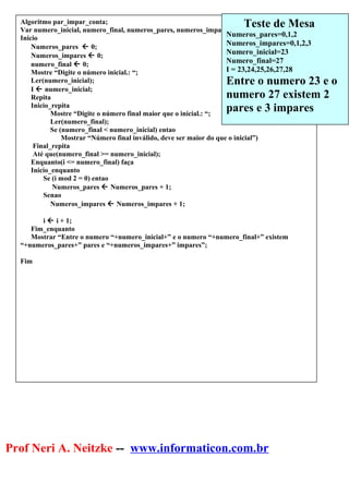 Prof Neri A. Neitzke -- www.informaticon.com.br
Algoritmo par_impar_conta;
Var numero_inicial, numero_final, numeros_pares, numeros_impares,i de inteiro;
Inicio
Numeros_pares  0;
Numeros_impares  0;
numero_final  0;
Mostre “Digite o número inicial.: “;
Ler(numero_inicial);
I  numero_inicial;
Repita
Inicio_repita
Mostre “Digite o número final maior que o inicial.: “;
Ler(numero_final);
Se (numero_final < numero_inicial) entao
Mostrar “Número final inválido, deve ser maior do que o inicial”)
Final_repita
Até que(numero_final >= numero_inicial);
Enquanto(i <= numero_final) faça
Inicio_enquanto
Se (i mod 2 = 0) entao
Numeros_pares  Numeros_pares + 1;
Senao
Numeros_impares  Numeros_impares + 1;
i  i + 1;
Fim_enquanto
Mostrar “Entre o numero “+numero_inicial+” e o numero “+numero_final+” existem
“+numeros_pares+” pares e “+numeros_impares+” impares”;
Fim
Teste de Mesa
Numeros_pares=0,1,2
Numeros_impares=0,1,2,3
Numero_inicial=23
Numero_final=27
I = 23,24,25,26,27,28
Entre o numero 23 e o
numero 27 existem 2
pares e 3 impares
 