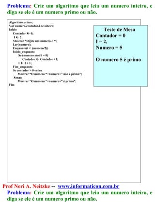 Problema: Crie um algoritmo que leia um numero inteiro, e
diga se ele é um numero primo ou não.
Prof Neri A. Neitzke -- www.informaticon.com.br
Problema: Crie um algoritmo que leia um numero inteiro, e
diga se ele é um numero primo ou não.
Algoritmo primo;
Var numero,contador,i de inteiro;
Inicio
Contador  0;
I  2;
Mostrar “Digite um número .: “;
Ler(numero);
Enquanto(i < (numero/2))
Inicio_enquanto
Se (numero mod i = 0)
Contador  Contador +1;
I  I + 1;
Fim_enquanto
Se contador > 0 entao
Mostrar “O numero “+numero+” não é primo”;
Senao
Mostrar “O numero “+numero+” é primo”;
Fim
Teste de Mesa
Contador = 0
I = 2,
Numero = 5
O numero 5 é primo
 