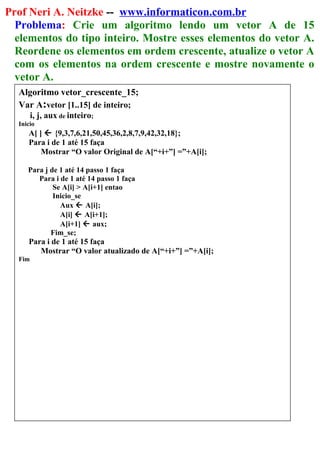 Prof Neri A. Neitzke -- www.informaticon.com.br
Problema: Crie um algoritmo lendo um vetor A de 15
elementos do tipo inteiro. Mostre esses elementos do vetor A.
Reordene os elementos em ordem crescente, atualize o vetor A
com os elementos na ordem crescente e mostre novamente o
vetor A.
Algoritmo vetor_crescente_15;
Var A:vetor [1..15] de inteiro;
i, j, aux de inteiro;
Inicio
A[ ]  {9,3,7,6,21,50,45,36,2,8,7,9,42,32,18};
Para i de 1 até 15 faça
Mostrar “O valor Original de A[“+i+”] =”+A[i];
Para j de 1 até 14 passo 1 faça
Para i de 1 até 14 passo 1 faça
Se A[i] > A[i+1] entao
Inicio_se
Aux  A[i];
A[i]  A[i+1];
A[i+1]  aux;
Fim_se;
Para i de 1 até 15 faça
Mostrar “O valor atualizado de A[“+i+”] =”+A[i];
Fim
 