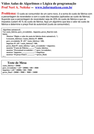 Vídeo Aulas de Algoritmos e Lógica de programação
Prof Neri A. Neitzke -- www.informaticon.com.br
Problema: O custo ao consumidor de um carro novo, é a soma do custo de fábrica com
a percentagem do revendedor e com o custo dos impostos (aplicados ao custo de fábrica).
Supondo que a percentagem do revendedor seja de 25% do custo de fábrica e que os
impostos custam 45 % do custo de fábrica, faça um algoritmo que leia o valor de custo de
fábrica e determine o preço final do automóvel (custo ao consumidor).
Algoritmo automovel;
Var custo_fabrica, perc_revendedor, impostos, preco_final de real;
Inicio
Mostrar “Digite o valor do custo de fabrica deste automóvel.: “;
Ler(custo_fabrica); //custo_fabrica  40000;
perc_revendedor  (25 * custo_fabrica) / 100;
impostos  (45 * custo_fabrica) / 100;
preco_final  custo_fabrica + perc_revendedor + impostos;
mostrar “Custo de Fábrica ..........: “+custo_fabrica;
mostrar “Percentual revendedor .: “+perc_revendedor;
mostrar “impostos .........................: “+impostos;
mostrar “O preço Final é ..............: “+preco_final;
Fim.
Teste de Mesa
custo_fabrica = 20000
perc_revendedor = (25 * 20000) / 100 = 5000
impostos = (45 * 20000) / 100 = 9000
preco_final = 20000 + 5000 + 9000 = 34000
 