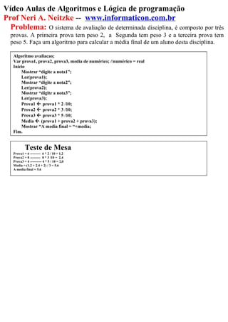 Vídeo Aulas de Algoritmos e Lógica de programação
Prof Neri A. Neitzke -- www.informaticon.com.br
Problema: O sistema de avaliação de determinada disciplina, é composto por três
provas. A primeira prova tem peso 2, a Segunda tem peso 3 e a terceira prova tem
peso 5. Faça um algoritmo para calcular a média final de um aluno desta disciplina.
Algoritmo avaliacao;
Var prova1, prova2, prova3, media de numérico; //numérico = real
Inicio
Mostrar “digite a nota1”;
Ler(prova1);
Mostrar “digite a nota2”;
Ler(prova2);
Mostrar “digite a nota3”;
Ler(prova3);
Prova1  prova1 * 2 /10;
Prova2  prova2 * 3 /10;
Prova3  prova3 * 5 /10;
Media  (prova1 + prova2 + prova3);
Mostrar “A media final = “+media;
Fim.
Teste de Mesa
Prova1 = 6 --------- 6 * 2 / 10 = 1,2
Prova2 = 8 --------- 8 * 3 /10 = 2,4
Prova3 = 4 ---------- 4 * 5 / 10 = 2,0
Media = (1.2 + 2.4 + 2) / 3 = 5.6
A media final = 5.6
 