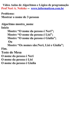 Vídeo Aulas de Algoritmos e Lógica de programação
Prof Neri A. Neitzke -- www.informaticon.com.br
Problema:
Mostrar o nome...
