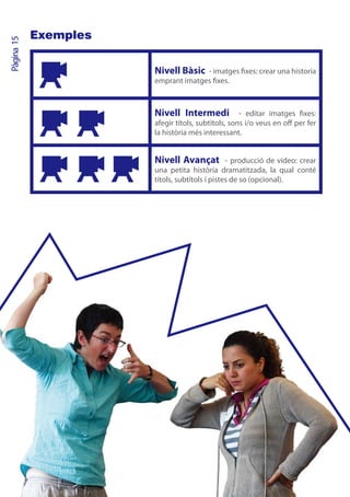 Exemples
Pàgina 15




                       Nivell Bàsic - imatges fixes: crear una historia
                       emprant imatges fixes.



                       Nivell Intermedi -              editar imatges fixes:
                       afegir títols, subtítols, sons i/o veus en off per fer
                       la història més interessant.


                       Nivell Avançat - producció de vídeo: crear
                       una petita història dramatitzada, la qual conté
                       títols, subtítols i pistes de so (opcional).
 