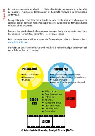 La nostra càmera-resum ofereix un llistat d’activitats per començar a treballar
Pàgina 03

            per ajudar a l’alumnat a desenvolupar les habilitats relatives a la comunicació
            audiovisual.

            En aquesta guia presentem exemples de tots els nivells però aconsellem que es
            comenci per les activitats més simples per després augmentar de forma gradual la
            dificultat de les propostes.

            Esperem que gaudeixis amb el teu alumnat quan portis a terme les nostres activitats.
            Ens agradarà rebre els teus comentaris i les teves propostes.

            Pots contactar amb nosaltres a través del formulari que trobaràs a la nostra Web:
            www.divisproject.eu

            No dubtis en posar-te en contacte amb nosaltres si necessites algun aclariment o si
            ens vols fer arribar un comentari.




                           PREPARACIÓ                       PRIMER PAS
                            Imatges xes i text             Primers contactes amb la càmera
                            Fotonovel·la                   Descobrint la tecnologia de les càmeres
                            Còmics                         Trucs d’animació
                                                           Conceptes del llenguatge audiovisual



                                                   Vídeo cartes
                                                   Paraules en vídeo
                                                   Entrevistes
                                   SEGON           Anuncis                ACCIÓ!
                                    PAS            Narracions breus
                                                   Dramatitzacions
                                                   Documentals
                                                   Telenotícies



                                                 EDICIÓ

                          © Adaptat de Masats, Dooly i Costa (2009)
 