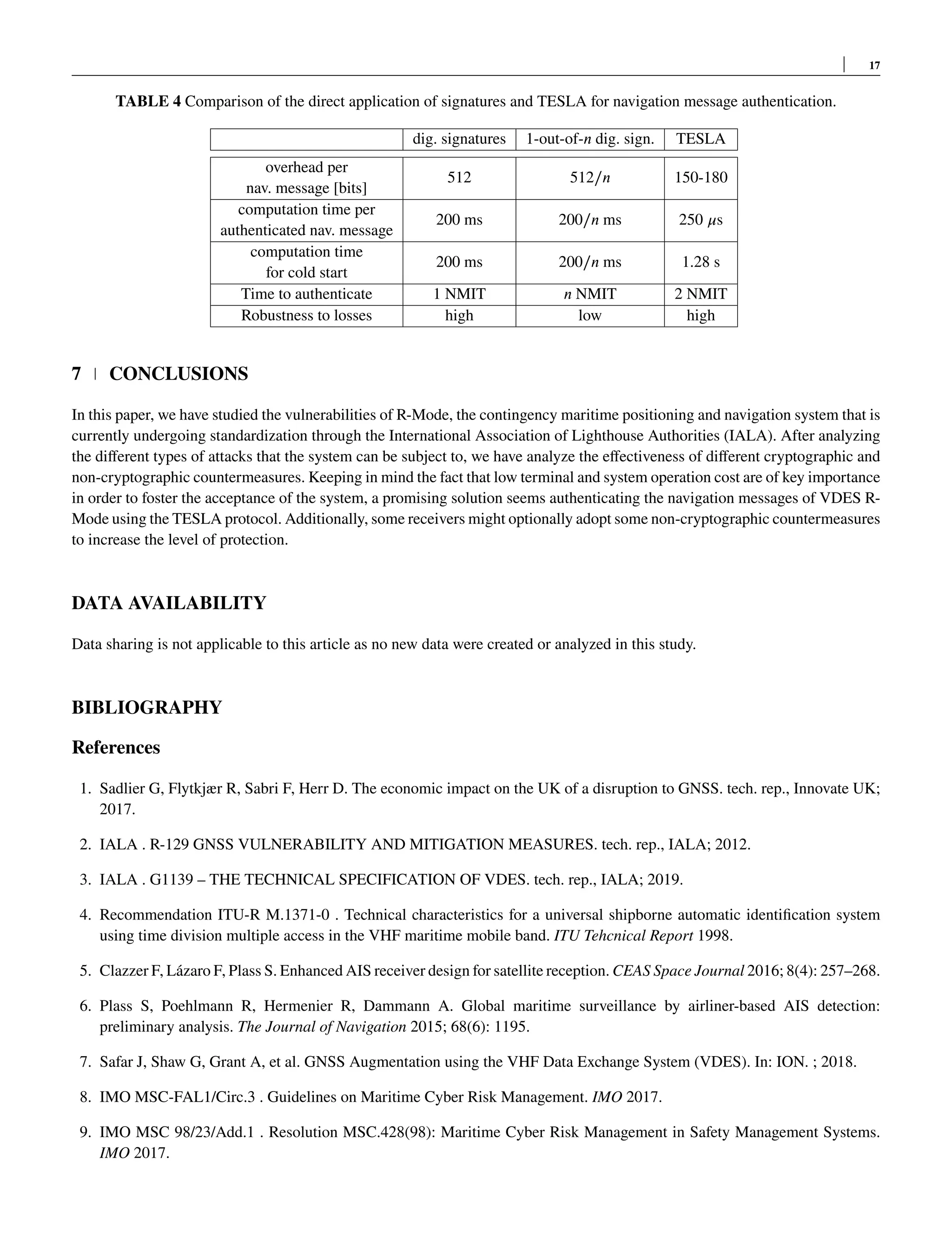 17
TABLE 4 Comparison of the direct application of signatures and TESLA for navigation message authentication.
dig. signatures 1-out-of-𝑛 dig. sign. TESLA
overhead per
nav. message [bits]
512 512∕𝑛 150-180
computation time per
authenticated nav. message
200 ms 200∕𝑛 ms 250 𝜇s
computation time
for cold start
200 ms 200∕𝑛 ms 1.28 s
Time to authenticate 1 NMIT 𝑛 NMIT 2 NMIT
Robustness to losses high low high
7 CONCLUSIONS
In this paper, we have studied the vulnerabilities of R-Mode, the contingency maritime positioning and navigation system that is
currently undergoing standardization through the International Association of Lighthouse Authorities (IALA). After analyzing
the different types of attacks that the system can be subject to, we have analyze the effectiveness of different cryptographic and
non-cryptographic countermeasures. Keeping in mind the fact that low terminal and system operation cost are of key importance
in order to foster the acceptance of the system, a promising solution seems authenticating the navigation messages of VDES R-
Mode using the TESLA protocol. Additionally, some receivers might optionally adopt some non-cryptographic countermeasures
to increase the level of protection.
DATA AVAILABILITY
Data sharing is not applicable to this article as no new data were created or analyzed in this study.
BIBLIOGRAPHY
References
1. Sadlier G, Flytkjær R, Sabri F, Herr D. The economic impact on the UK of a disruption to GNSS. tech. rep., Innovate UK;
2017.
2. IALA . R-129 GNSS VULNERABILITY AND MITIGATION MEASURES. tech. rep., IALA; 2012.
3. IALA . G1139 – THE TECHNICAL SPECIFICATION OF VDES. tech. rep., IALA; 2019.
4. Recommendation ITU-R M.1371-0 . Technical characteristics for a universal shipborne automatic identification system
using time division multiple access in the VHF maritime mobile band. ITU Tehcnical Report 1998.
5. Clazzer F, Lázaro F, Plass S. Enhanced AIS receiver design for satellite reception. CEAS Space Journal 2016; 8(4): 257–268.
6. Plass S, Poehlmann R, Hermenier R, Dammann A. Global maritime surveillance by airliner-based AIS detection:
preliminary analysis. The Journal of Navigation 2015; 68(6): 1195.
7. Safar J, Shaw G, Grant A, et al. GNSS Augmentation using the VHF Data Exchange System (VDES). In: ION. ; 2018.
8. IMO MSC-FAL1/Circ.3 . Guidelines on Maritime Cyber Risk Management. IMO 2017.
9. IMO MSC 98/23/Add.1 . Resolution MSC.428(98): Maritime Cyber Risk Management in Safety Management Systems.
IMO 2017.
 