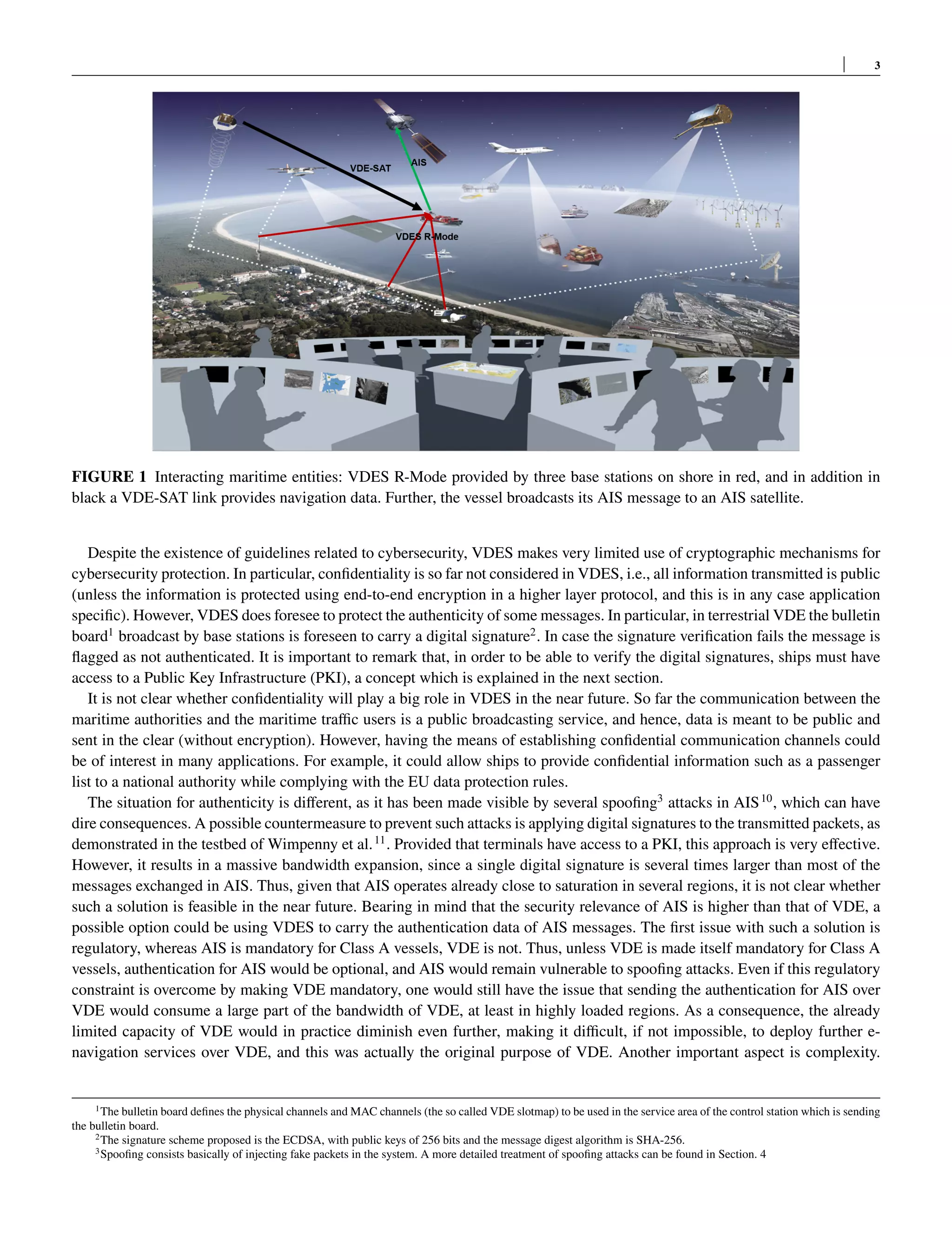 3
FIGURE 1 Interacting maritime entities: VDES R-Mode provided by three base stations on shore in red, and in addition in
black a VDE-SAT link provides navigation data. Further, the vessel broadcasts its AIS message to an AIS satellite.
Despite the existence of guidelines related to cybersecurity, VDES makes very limited use of cryptographic mechanisms for
cybersecurity protection. In particular, confidentiality is so far not considered in VDES, i.e., all information transmitted is public
(unless the information is protected using end-to-end encryption in a higher layer protocol, and this is in any case application
specific). However, VDES does foresee to protect the authenticity of some messages. In particular, in terrestrial VDE the bulletin
board1
broadcast by base stations is foreseen to carry a digital signature2
. In case the signature verification fails the message is
flagged as not authenticated. It is important to remark that, in order to be able to verify the digital signatures, ships must have
access to a Public Key Infrastructure (PKI), a concept which is explained in the next section.
It is not clear whether confidentiality will play a big role in VDES in the near future. So far the communication between the
maritime authorities and the maritime traffic users is a public broadcasting service, and hence, data is meant to be public and
sent in the clear (without encryption). However, having the means of establishing confidential communication channels could
be of interest in many applications. For example, it could allow ships to provide confidential information such as a passenger
list to a national authority while complying with the EU data protection rules.
The situation for authenticity is different, as it has been made visible by several spoofing3
attacks in AIS10
, which can have
dire consequences. A possible countermeasure to prevent such attacks is applying digital signatures to the transmitted packets, as
demonstrated in the testbed of Wimpenny et al.11
. Provided that terminals have access to a PKI, this approach is very effective.
However, it results in a massive bandwidth expansion, since a single digital signature is several times larger than most of the
messages exchanged in AIS. Thus, given that AIS operates already close to saturation in several regions, it is not clear whether
such a solution is feasible in the near future. Bearing in mind that the security relevance of AIS is higher than that of VDE, a
possible option could be using VDES to carry the authentication data of AIS messages. The first issue with such a solution is
regulatory, whereas AIS is mandatory for Class A vessels, VDE is not. Thus, unless VDE is made itself mandatory for Class A
vessels, authentication for AIS would be optional, and AIS would remain vulnerable to spoofing attacks. Even if this regulatory
constraint is overcome by making VDE mandatory, one would still have the issue that sending the authentication for AIS over
VDE would consume a large part of the bandwidth of VDE, at least in highly loaded regions. As a consequence, the already
limited capacity of VDE would in practice diminish even further, making it difficult, if not impossible, to deploy further e-
navigation services over VDE, and this was actually the original purpose of VDE. Another important aspect is complexity.
1The bulletin board defines the physical channels and MAC channels (the so called VDE slotmap) to be used in the service area of the control station which is sending
the bulletin board.
2The signature scheme proposed is the ECDSA, with public keys of 256 bits and the message digest algorithm is SHA-256.
3Spoofing consists basically of injecting fake packets in the system. A more detailed treatment of spoofing attacks can be found in Section. 4
 