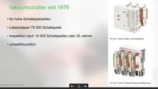 Vakuumschalter seit 1976
Page 42Confidential Property of Schneider Electric |
• für hohe Schaltspielzahlen
• Lebensdauer 75 000 Schaltspiele
• Inspektion nach 10 000 Schaltspielen oder 20 Jahren
• umweltfreundlich
 