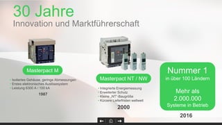 30 Jahre
Innovation und Marktführerschaft
• Integrierte Energiemessung
• Erweiterter Schutz
• Kleine „NT“-Baugröße
• Kürzere Lieferfristen weltweit
Masterpact NT / NW
2000
2016
Nummer 1
in über 100 Ländern
Mehr als
2.000.000
Systeme in Betrieb
• Isoliertes Gehäuse, geringe Abmessungen
• Erstes elektronisches Auslösesystem
• Leistung 6300 A / 100 kA
Masterpact M
1987
 