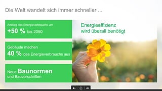 Anstieg des Energieverbrauchs um
+50 % bis 2050
Gebäude machen
40 % des Energieverbrauchs aus
Neue Baunormen
und Bauvorschriften
Die Welt wandelt sich immer schneller ...
Energieeffizienz
wird überall benötigt
 
