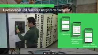 Umfassender und präziser Energiezähler integriert
- Strom
- Spannung
- Frequenz
- Leistungsfaktor
- Phasen-
gleichheit
-Wirk- und Blind-
leistung & -energie
Einhaltung von Normen und Vorschriften: Energieeffizienz
 