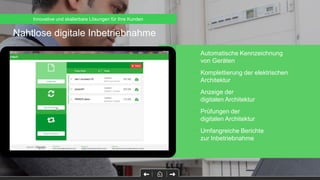 • Automatische Kennzeichnung
von Geräten
• Komplettierung der elektrischen
Architektur
• Anzeige der
digitalen Architektur
• Prüfungen der
digitalen Architektur
• Umfangreiche Berichte
zur Inbetriebnahme
Nahtlose digitale Inbetriebnahme
Innovative und skalierbare Lösungen für Ihre Kunden
 