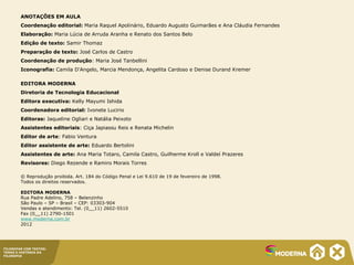 FILOSOFAR COM TEXTOS:
TEMAS E HISTÓRIA DA
FILOSOFIA
ANOTAÇÕES EM AULA
Coordenação editorial: Maria Raquel Apolinário, Eduardo Augusto Guimarães e Ana Cláudia Fernandes
Elaboração: Maria Lúcia de Arruda Aranha e Renato dos Santos Belo
Edição de texto: Samir Thomaz
Preparação de texto: José Carlos de Castro
Coordenação de produção: Maria José Tanbellini
Iconografia: Camila D'Angelo, Marcia Mendonça, Angelita Cardoso e Denise Durand Kremer
EDITORA MODERNA
Diretoria de Tecnologia Educacional
Editora executiva: Kelly Mayumi Ishida
Coordenadora editorial: Ivonete Lucirio
Editoras: Jaqueline Ogliari e Natália Peixoto
Assistentes editoriais: Ciça Japiassu Reis e Renata Michelin
Editor de arte: Fabio Ventura
Editor assistente de arte: Eduardo Bertolini
Assistentes de arte: Ana Maria Totaro, Camila Castro, Guilherme Kroll e Valdeí Prazeres
Revisores: Diego Rezende e Ramiro Morais Torres
© Reprodução proibida. Art. 184 do Código Penal e Lei 9.610 de 19 de fevereiro de 1998.
Todos os direitos reservados.
EDITORA MODERNA
Rua Padre Adelino, 758 – Belenzinho
São Paulo – SP – Brasil – CEP: 03303-904
Vendas e atendimento: Tel. (0__11) 2602-5510
Fax (0__11) 2790-1501
www.moderna.com.br
2012
 