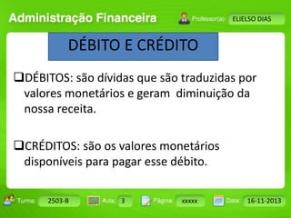Turma: 2503-B Aula: 10 Pág: 10 a 17 Data: 18-jan-12 
2503-B 3 xxxxx 16-11-2013 
Instrutor: Ricardo Paladini Matos 
ELIELSO DIAS 
DÉBITO E CRÉDITO 
DÉBITOS: são dívidas que são traduzidas por 
valores monetários e geram diminuição da 
nossa receita. 
CRÉDITOS: são os valores monetários 
disponíveis para pagar esse débito. 
 