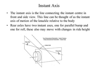 Instant Axis
• The instant axis is the line connecting the instant centre in
front and side view. This line can be thought of as the instant
axis of motion of the knuckle relative to the body
• Rear axles have two instant axes, one for parallel bump and
one for roll, these also may move with changes in ride height
 