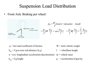 Suspension Load Distribution
• Front Axle Braking per wheel:
FB =

[static+ dynamic
2
load]
=

[W
2
bcg
l
+ ma
hcg
]
l
=

W[
2
bcg
+
a
l g
hcg
]
l
 = tire-road coefficient of friction W = total vehicle weight
bcg = Cg-to-rear axledistance (LR) l = wheelbase length
a = ave. longitudinal acceleration (deceleration) m = vehicle mass
hcg = Cg height g = acceleration of gravity
 