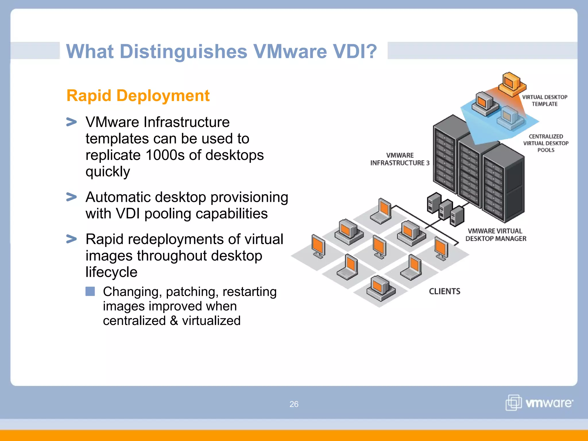 26
What Distinguishes VMware VDI?
Rapid Deployment
VMware Infrastructure
templates can be used to
replicate 1000s of desktops
quickly
Automatic desktop provisioning
with VDI pooling capabilities
Rapid redeployments of virtual
images throughout desktop
lifecycle
Changing, patching, restarting
images improved when
centralized & virtualized
 