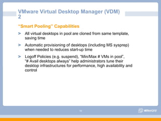 19
“Smart Pooling” Capabilities
All virtual desktops in pool are cloned from same template,
saving time
Automatic provisioning of desktops (including MS sysprep)
when needed to reduces start-up time
Logoff Policies (e.g. suspend), “Min/Max # VMs in pool”,
“# Avail desktops always” help administrators tune their
desktop infrastructures for performance, high availability and
control
VMware Virtual Desktop Manager (VDM)
2
 