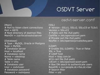 OSDVT Server
                                                osdvt-server.conf
[Main]                                [SSL]
# Port to listen client connections   # Version - SSLv1, SSLv2, SSLv23 or TLSv1
Port = 6970                           Version = SSLv23
# Root directory of daemon files      # Public cert file (full path)
MainDir = /usr/local/osdvt/server     CertFile = /etc/openssl/cert.pem
                                      # Private cert file (full path)
[Database]                            KeyFile = /etc/openssl/private/key.pem
# Type – MySQL, Oracle or Postgres
Type = MySQL                          [LDAP]
# Database server                     # Enable SSL (LDAPS) - True or False
Host = localhost                      SSL = True
# Database name                       # LDAP host
Name = vdesktop                       Host = ldap.com.br
# Table name                          #CA cert file (full path)
Table = vms                           CACert = /etc/openssl/cacert.pem
# Database user                       # Bae DN seach to authenticate users
User = osdvtuser                      BaseDN = ou=people,dc=foo,dc=bar
# Database password                   # Search filter
Password = osdvtpass                  Filter = uid
 