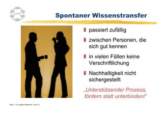 Spontaner Wissenstransfer

                                                        passiert zufällig
                                                        zwischen Personen, die
                                                         sich gut kennen
                                                        in vielen Fällen keine
                                                         Verschriftlichung
                                                        Nachhaltigkeit nicht
                                                         sichergestellt
                                                      „Unterstützender Prozess,
                                                      fördern statt unterbinden!“
Seite 3 / Dr. Angelika Mittelmann / 25.04.12
 