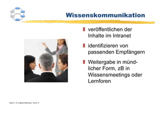 Wissenskommunikation

                                                     veröffentlichen der
                                                      Inhalte im Intranet
                                                     identifizieren von
                                                      passenden Empfängern
                                                     Weitergabe in münd-
                                                      licher Form, zB in
                                                      Wissensmeetings oder
                                                      Lernforen


Seite 8 / Dr. Angelika Mittelmann / 25.04.12
 