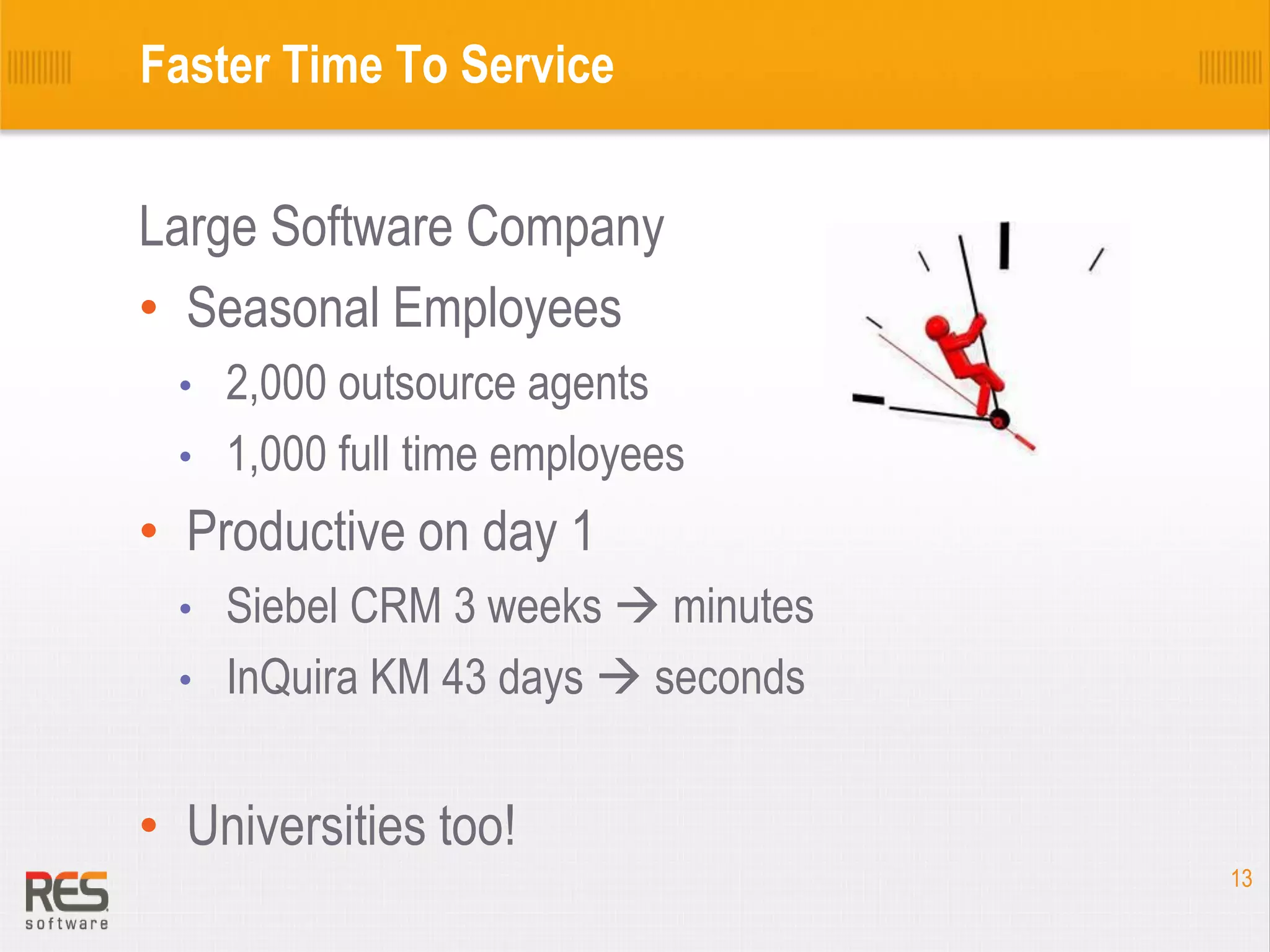 Faster Time To Service

Large Software Company
• Seasonal Employees
2,000 outsource agents
• 1,000 full time employees
•

• Productive on day 1
Siebel CRM 3 weeks  minutes
• InQuira KM 43 days  seconds
•

• Universities too!
13

 