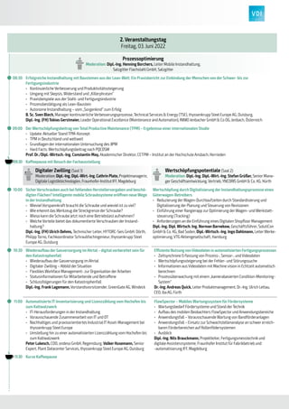 2. Veranstaltungstag
Freitag, 03. Juni 2022
Prozessoptimierung
Moderation: Dipl.-Ing. Henning Borchers, Leiter Mobile Instandhaltung,
Salzgitter Flachstahl GmbH, Salzgitter
	
Q 08:30 Erfolgreiche Instandhaltung mit Bausteinen aus der Lean-Welt. Ein Praxisbericht zur Einbindung der Menschen von der Schwer- bis zur
Fertigungsindustrie
•	 Kontinuierliche Verbesserung und Produktivitätssteigerung
•	 Umgang mit Skepsis, Widerstand und „Killerphrasen“
•	 Praxisbeispiele aus der Stahl- und Fertigungsindustrie
•	 Prozessbestätigung als Lean-Baustein
•	 Autonome Instandhaltung – vom „Sorgenkind“ zum Erfolg
B. Sc. Sven Blech, Manager kontinuierliche Verbesserungsprozesse, Technical Services & Energy (TSE), thyssenkrupp Steel Europe AG, Duisburg,
Dipl.-Ing. (FH) Tobias Gerstmaier, Leader Operational Excellence (Maintenance and Automation), INNIO Jenbacher GmbH & Co OG, Jenbach, Österreich
	
Q 09:00 DerWertschöpfungsbeitrag von Total Productive Maintenance (TPM) – Ergebnisse einer internationalen Studie
•	 Update: Aktueller Stand TPM-Konzept
•	 TPM in Deutschland und weltweit
•	 Grundlagen der internationalen Untersuchung des JIPM
•	 Hard Facts: Wertschöpfungsbeitrag nach PQCDSM
Prof. Dr./Dipl.-Wirtsch.-Ing. Constantin May, Akademischer Direktor, CETPM – Institut an der Hochschule Ansbach, Herrieden
09:30 Kaffeepause mit Besuch der Fachausstellung
Digitaler Zwilling (Saal 1)
Moderation: Dipl.-Ing. Dipl.-Wirt.-Ing. Cathrin Plate, Projektmanagerin,
Digitale Logistiktechnologien, Fraunhofer-Institut IFF, Magdeburg
Wertschöpfungspotentiale (Saal 2)
Moderation: Dipl.-Ing. Dipl.-Wirt.-Ing. Stefan Grüßer, Senior Mana-
ger Geschäftsentwicklung, Vertrieb, YNCORIS GmbH & Co. KG, Hürth
	
Q 10:00 SicherVerschrauben auch bei fehlenden Herstellervorgaben und beschä-
digten Flächen? Intelligente mobile Schraubsysteme eröffnen neue Wege
in der Instandhaltung
•	 WievielVorspannkraft braucht die Schraube und wieviel ist zu viel?
•	 Wie erkennt das Werkzeug die Streckgrenze der Schraube?
•	 Wieso kann die Schraube jetzt noch eine Betriebslast aufnehmen?
•	 Welche Vorteile bietet das dokumentierte Verschrauben der Instand-
haltung?
Dipl.-Ing. (FH) Ulrich Oehms, Technischer Leiter, HYTORC-Seis GmbH, Dörth,
Philipp Torno, Fachkoordinator Schraubfachingenieur, thyssenkrupp Steel
Europe AG, Duisburg
Wertschöpfung durch Digitalisierung der Instandhaltungsprozesse eines
Güterwagen-Betreibers
•	 Reduzierung derWagen-Durchlaufzeiten durch Standardisierung und
Digitalisierung der Planung und Steuerung von Revisionen
•	 Einführung einer Rangierapp zur Optimierung derWagen- und Werkstatt-
steuerung (Tracking)
•	 Anforderungen an die Einführung eines Digitalen Shopfloor Management
Dipl.-Ing. Dipl. Wirtsch. Ing. Norman Barnekow, Geschäftsführer, SolutiCon
GmbH & Co. KG, Bad Soden, Dipl.-Wirtsch.-Ing. Ingo Dahlmann, LeiterWerke-
optimierung, VTG Aktiengesellschaft, Hamburg
	
Q 10:30 Wiederaufbau der Gasversorgung im Ahrtal – digitalvorbereitet sein für
den Katastrophenfall
•	 Wiederaufbau der Gasversorgung im Ahrtal
•	 Digitaler Zwilling – Abbild der Situation
•	 Flexibles Workface Management- zur Organisation derArbeiten
•	 Statusinformationen für Mitarbeitende und Betroffene
•	 Schlussfolgerungen fürden Katastrophenfall
Dipl.-Ing. Frank Lagemann, Vorstandsvorsitzender, GreenGate AG, Windeck
Effiziente NutzungvonVideodaten in automatisierten Fertigungsprozessen
•	 Zeitsynchrone Erfassung von Prozess-, Sensor-, und Videodaten
•	 Wertschöpfungssteigerung bei der Fehler- und Störungssuche
•	 Informationen aus Videodaten mit Machine vision in Echtzeit automatisch
berechnen
•	 Prozessüberwachung mit einem „kamerabasierten Condition-Monitoring-
System“
Dr.-Ing. Andreas Quick, LeiterProduktmanagement, Dr.-Ing. Ulrich Lettau,
CEO, ibaAG, Fürth
	
Q 11:00 Automatisierte IT-Inventarisierung und Lizenzzählung vom Hochofen bis
zum Kaltwalzwerk
•	 IT-Herausforderungen in der Instandhaltung
•	 Vorausschauende Zusammenarbeit von IT und OT
•	 Nachhaltiges und praxisorientiertes Industrial ITAsset-Management bei
thyssenkrupp Steel Europe
•	 Umstellung hin zu einer automatisierten Lizenzzählung vom Hochofen bis
zum Kaltwalzwerk
Peter Lukesch, COO, ondeso GmbH, Regensburg, Volker Husemann, Senior
Expert, Plant Datacenter Services, thyssenkrupp Steel Europe AG, Duisburg
FlowSpector – Mobiles Wartungssystem für Fördersysteme
•	 Wartungsbedarf Fördersysteme und Stand derTechnik
•	 Aufbau des mobilen Beobachters FlowSpector und Anwendungsbereiche
•	 Anwendungsfall – Vorausschauende Wartung von Bandförderanlagen
•	 Anwendungsfall – Einsatz zur Schwachstellenanalyse an schwer erreich-
baren Förderbereichen auf Rollenfödersystemen
•	 Ausblick
Dipl.-Ing. Nils Brauckmann, Projektleiter, Fertigungsmesstechnik und
digitale Assistenzsysteme, Fraunhofer Institut für Fabrikbetrieb und
-automatisierung IFF, Magdeburg
11:30 Kurze Kaffeepause
 