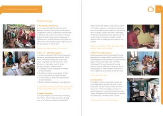 1. Beneficiary Home visit
3. Depth Interview
2. Day - In - Life Ethnography 4. Mini Group Discussion
5. Clinics Visit
Home visits with specific profiles such as
pregnant mothers and neonatal families were
conducted in order to understand the difficulties
in following the current immunization process.
Specific question areas around challenges of
infrastructure, societal influences like caste and
community were probed to gain insights around
the perceptions of the service.
To acquire insights around process of delivery,
information dissemination and policy making
a series of interviews were conducted with
In order to understand the life and professional
context of field workers namely ANM, ASHA,
AWW who travel through the countryside
dispensing healthcare services. They were
followed on their daily route for three
consecutive days. Insights around,
1. Challenges, Coping strategies and Needs
of Health Workers
2. Qualitative insights into qualities of Moti
vation and Initiative for Health Workers
3. Understanding of Roles and Responsibility
of Health Workers
4. Service Delivery Drawbacks, were gathered
Group discussion involving individual frontline
healthworkers namely ANM, AWW and ASHA
provided insights into glitches during recruitment,
government bureaucracy. They identified
challenges of the existing problems areas
such as untimely payment of incentive, lack of
transportation to Hard-to-Reach Areas render
them ineffective to providing routine services.
Ethnographic visits at vaccination clinics and
local dispensaries reveled that most of them
are quacks and are minting money out of the
consumers. There knowledge comes form
assisting doctors. It providing insights into the
coping strategies of the consumers and pointed
out reasons for consulting such a facility.
Parents and Elder members of the Family
District Immunization Officer, Accredited Chief
Medical Officer, WHO officials
Asha, AWW and ANM
Private health practitioners and quacks
Auxillary Nurse Midwife, Accredited Social Health
Activist, AnganWadi Worker, Lady Health Visitor
Methodology
Senior Healthcare Officers. They being involved
in the daily mechanism of delivering healthcare
service, provided factual insights on the existing
service model, context difficulties, challenges
of delivery and identifying best practices of the
current model, therefore, provided possible
solution areas for designing new systems and
models.
2.3 Ethnography | Vaccine Delivery Innovation Initiative 44
 