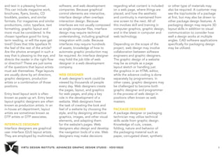 VIRTU DESIGN INSTITUTE: ADVANCED GRAPHIC DESIGN STUDIO - VDIS10022 4 
and text in a pleasing format. 
This can include magazine work, 
brochures, flyers, books, CD 
booklets, posters, and similar 
formats. For magazines and similar 
productions, color, typeface, text 
formatting, graphic layout and 
more must be considered. Is the 
chosen typeface good for long 
term reading, or will the eyes get 
tired? Does that title typeface fit 
the feel of the rest of the article? 
Are the photos arranged in such a 
way that is pleasing to the eye, and 
directs the reader in the right flow 
or direction? These are just some 
of the questions that layout artists 
must ask themselves. Page layouts 
are usually done by art directors, 
graphic designers, production 
artists or a combination of those 
positions. 
Entry level layout work is often 
known as paste up art. Entry level 
layout graphic designers are often 
known as production artists. In an 
in-house art department, layout 
artists are sometimes known as 
DTP artists or DTP associates. 
INTERFACE DESIGNER 
Interface designers are graphical 
user interface (GUI) layout artists. 
They are employed by multimedia, 
software, and web development 
companies. Because graphical 
control elements are interactive, 
interface design often overlaps 
interaction design. Because 
interfaces are not usually composed 
as single computer files, interface 
design may require technical 
understanding, including graphical 
integration with code. Because 
interfaces may require hundreds 
of assets, knowledge of how to 
automate graphic production may 
be required. An interface designer 
may hold the job title of web 
designer in a web development 
company. 
WEB DESIGNER 
A web designer’s work could be 
viewed by thousands of people 
every day. Web designers create 
the pages, layout, and graphics 
for web pages, and play a key 
role in the development of a 
website. Web designers have 
the task of creating the look and 
feel of a website by choosing the 
style, and by designing attractive 
graphics, images, and other visual 
elements, and adapting them 
for the website’s pages. Web 
designers also design and develop 
the navigation tools of a site. Web 
designers may make decisions 
regarding what content is included 
on a web page, where things are 
placed, and how the aesthetic 
and continuity is maintained from 
one screen to the next. All of 
this involves skill and training in 
computer graphics, graphic design, 
and in the latest in computer and 
web technology. 
Depending on the scope of the 
project, web design may involve 
collaboration between software 
engineers and graphic designers. 
The graphic design of a website 
may be as simple as a page 
layout sketch or handling just 
the graphics in an HTML editor, 
while the advance coding is done 
separately by programmers. In 
other cases, graphic designers may 
be challenged to become both 
graphic designer and programmer 
in the process of web design in 
positions often known as web 
masters. 
PACKAGE DESIGNER 
A package designer or packaging 
technician may utilize technical 
skills aside from graphic design. 
Knowledge of cuts, crease, 
folding, nature and behavior of 
the packaging material such as 
paper, corrugated sheet, synthetic 
or other type of materials may 
also be required. A customer may 
see the top/outside of a package 
at first, but may also be drawn to 
other package design features. A 
packaging design may require 3D 
layout skills in addition to visual 
communication to consider how 
well a design works at multiple 
angles. CAD software applications 
specifically for packaging design 
may be utilized. 
 